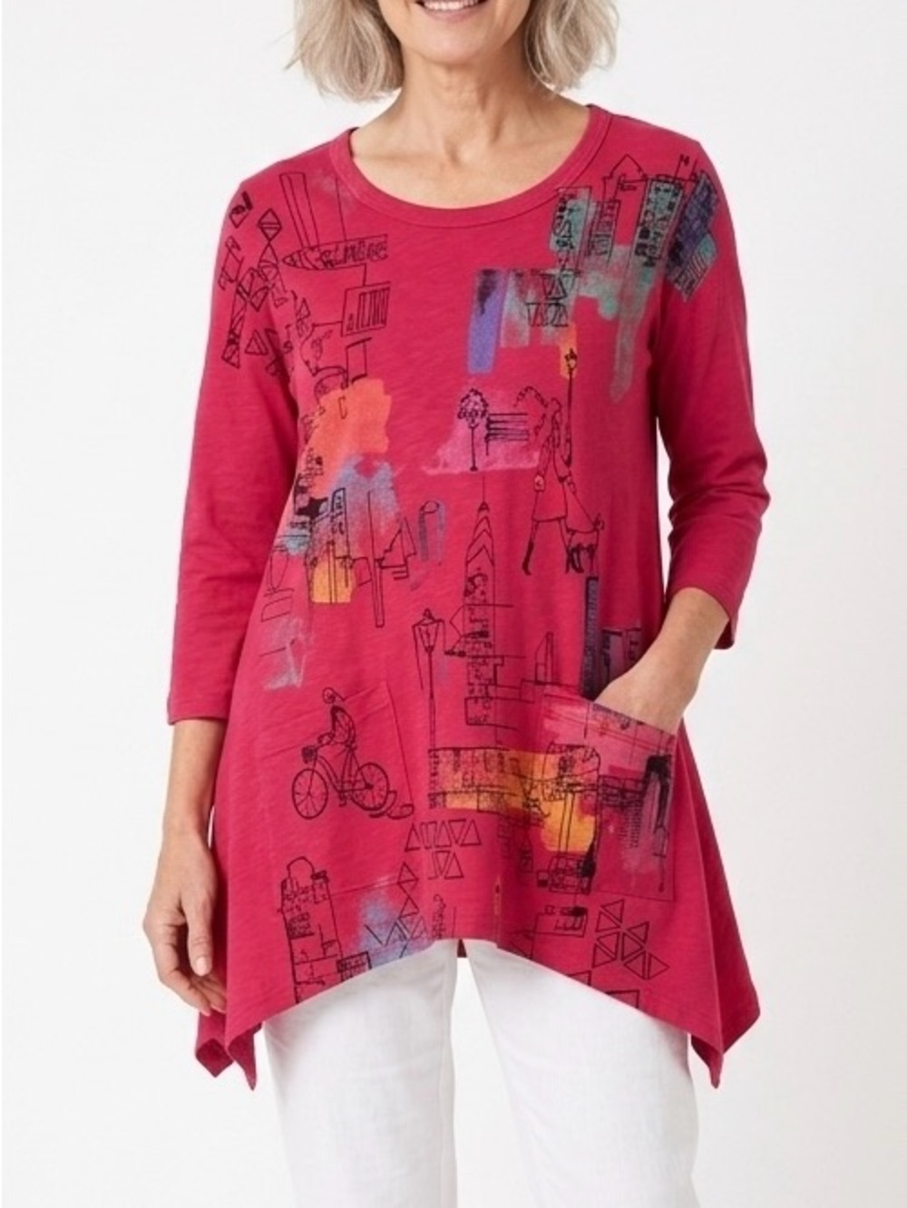 Jess & Jane Cityscape Mineral Wash Tunic Top Red S Boho Chic Artistic Quirky